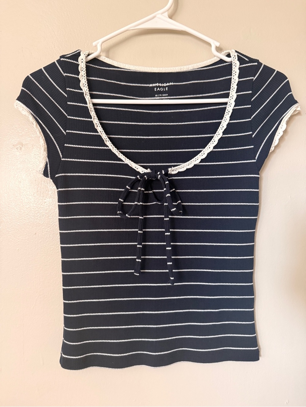 American Eagle Outfitters Navy and White Striped Tie-Front Tee with Lace